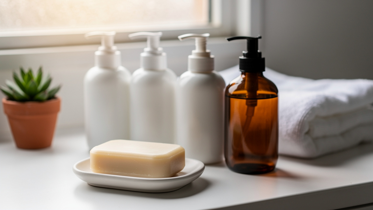 Fragrance-free personal care products arranged on a clean bathroom counter