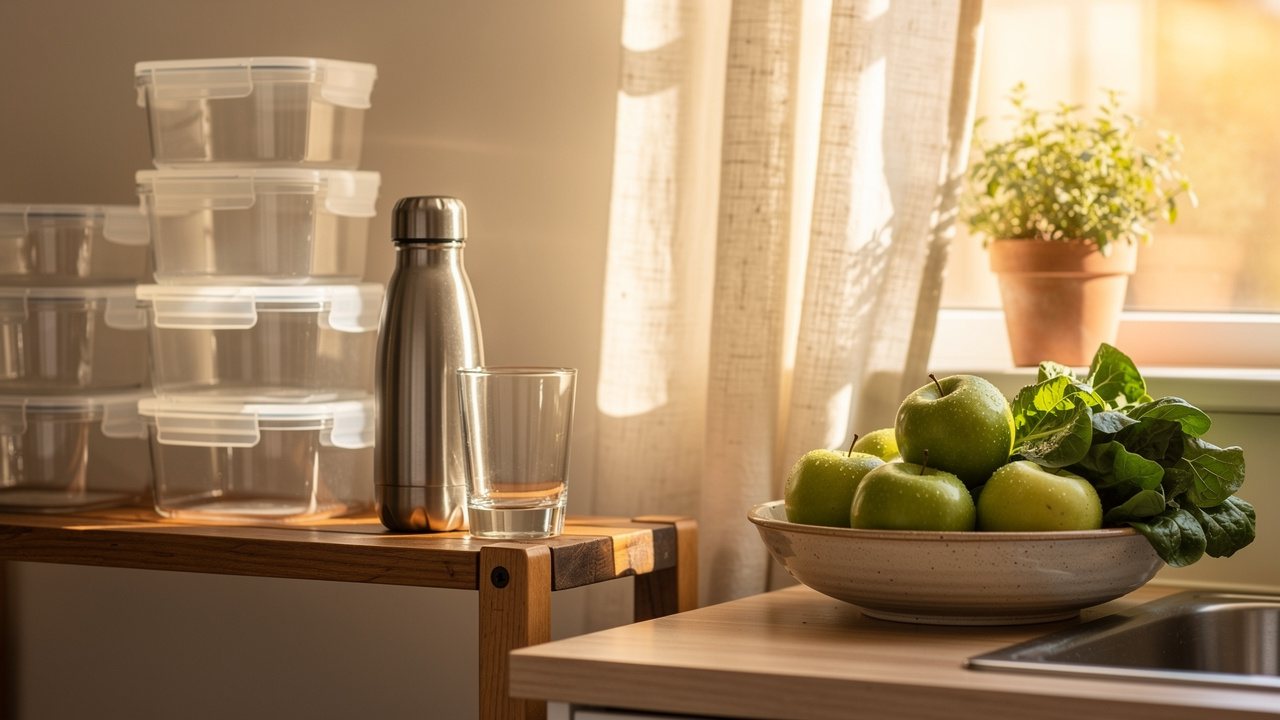 Glass containers and stainless steel bottles replacing plastic in kitchen