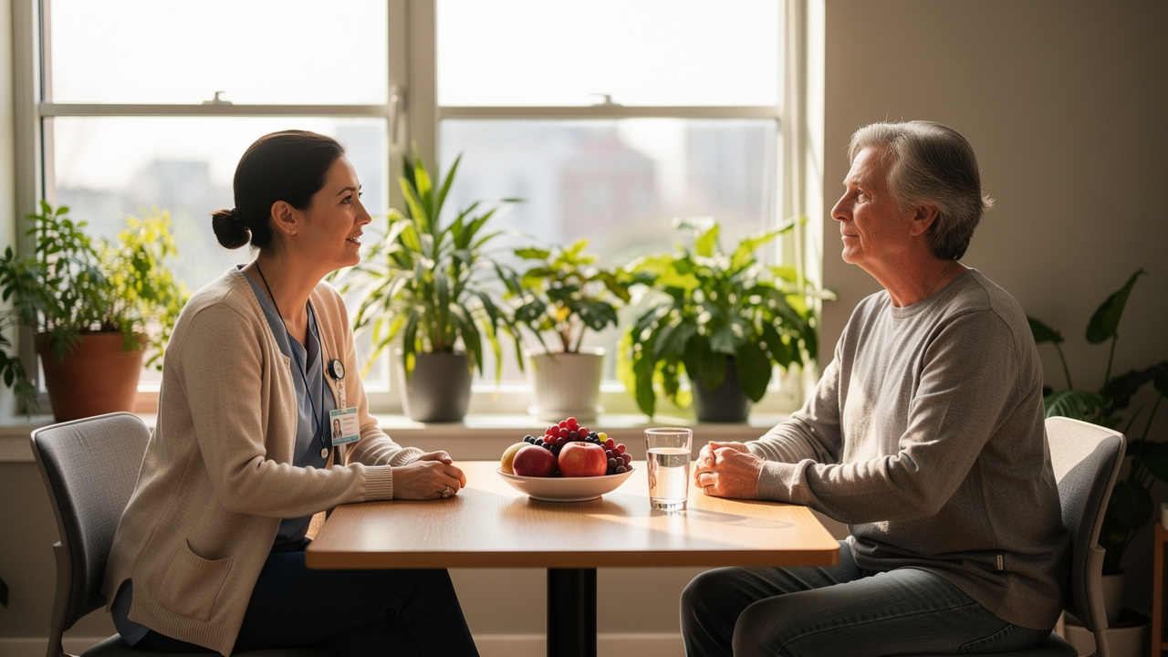 Oncology dietitian and cancer patient discussing metabolic nutrition support