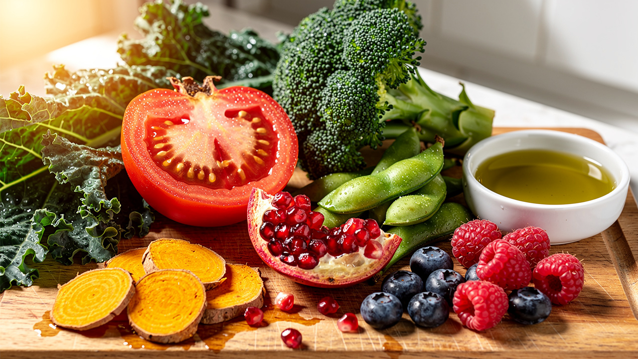 Fresh colorful vegetables and fruits with anti-angiogenic properties