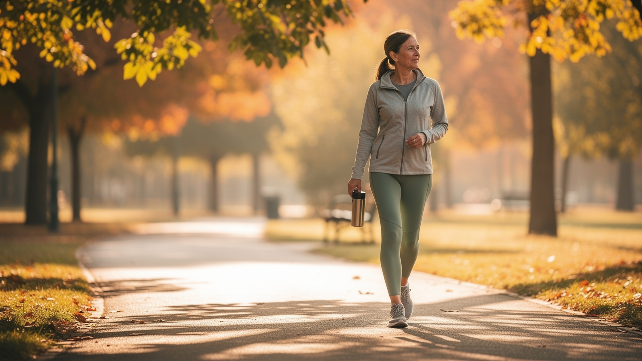 Woman walking peacefully on sunlit park path for wellness