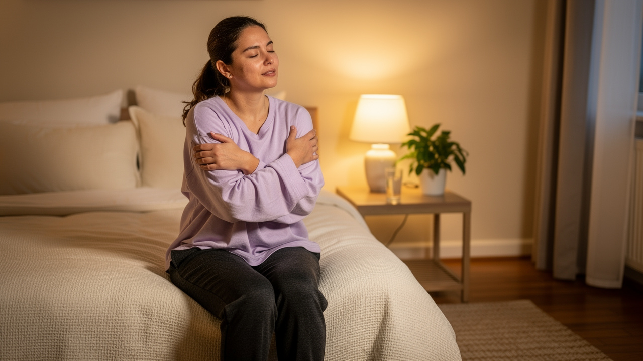 Woman gently stretching her arm while seated on a bed