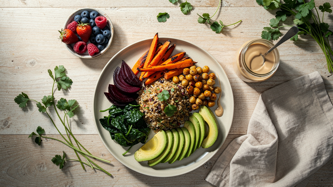 Colorful low-glycemic grain bowl meal supporting cancer nutrition