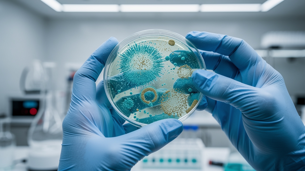 Scientist examining microbial cultures in oncology research laboratory