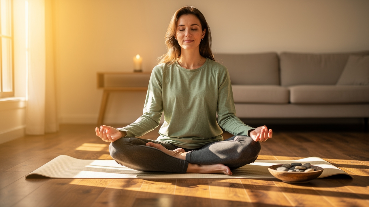 Woman sitting in peaceful meditation pose on yoga mat at home