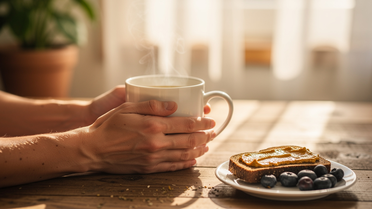 Person holding warm tea mug with healthy cancer-supportive breakfast nearby