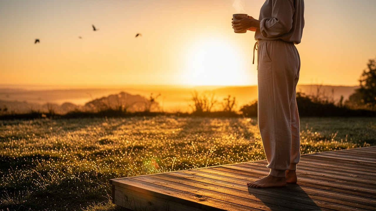 Person outdoors with warm mug in morning sunlight