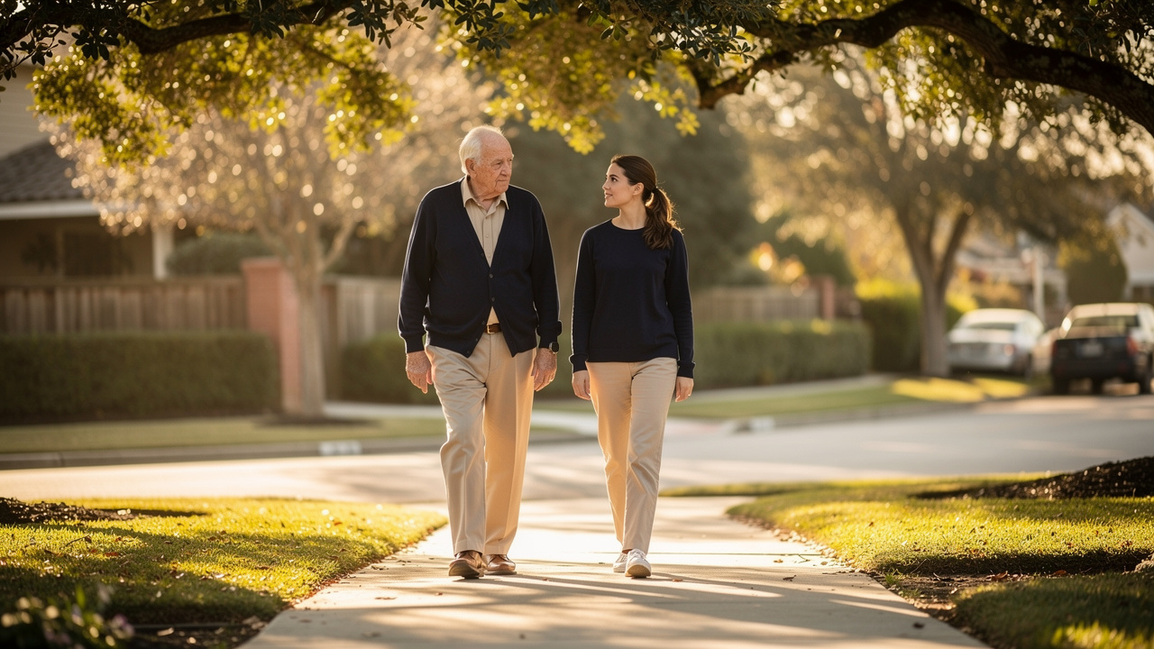 Older man and younger woman walking slowly on a quiet sidewalk
